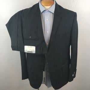 Dkny 42s mens suit charcoal checks blue 2 piece slim fit 100% wool new ea0069
